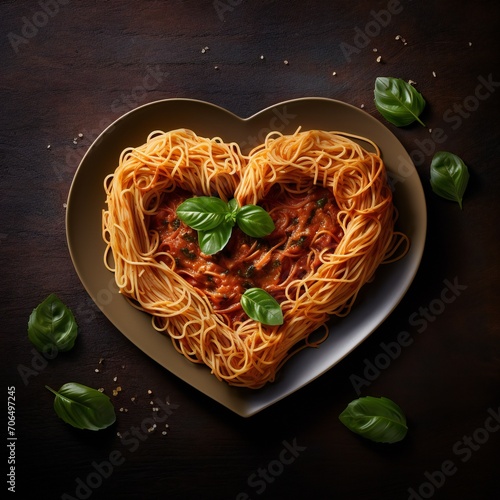 Healthy heart-shaped dish of Italian spaghetti topped with a spicy savory beef mince and tomato sauce, parmesan cheese and fresh basil on a rustic wood background photo