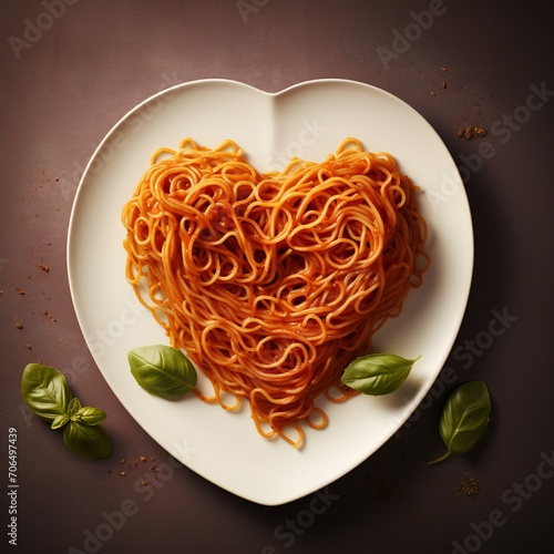Healthy heart-shaped dish of Italian spaghetti topped with a spicy tomato sauce, parmesan cheese and fresh basil on a rustic wood background photo
