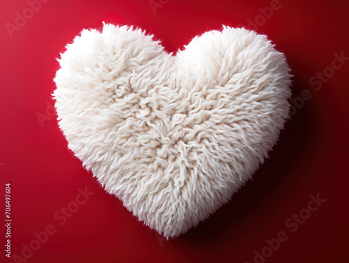 Special White heart made of wool on a red background. Valentines Day