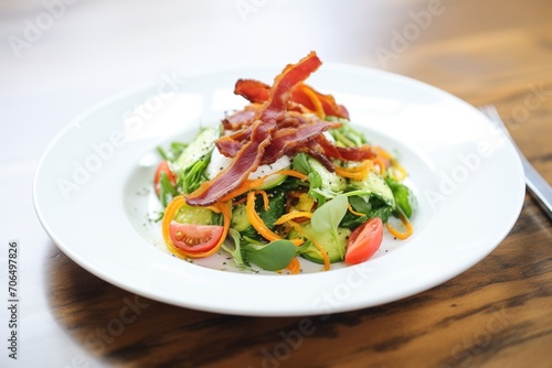 vibrant spinach salad with a perfect curl of bacon garnish