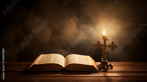 Bright sunlight, bible and holy jesus christ cross silhouette
