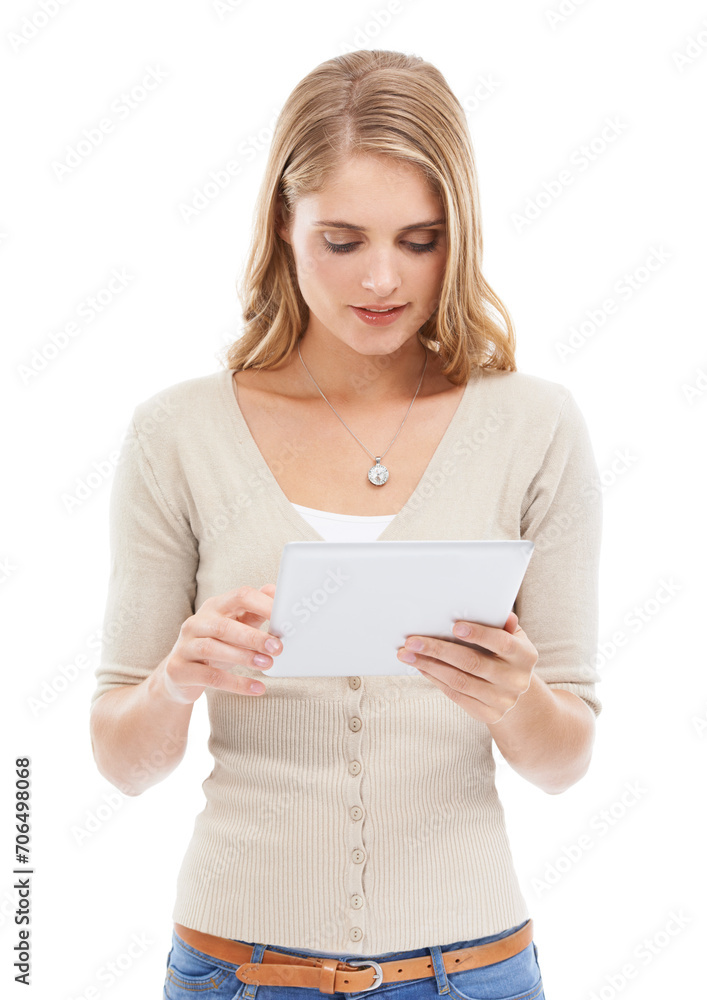 Woman, app reading and tablet in studio with social networking, online blog and tech with white background. News, email and digital scroll with information for web search, media and internet article Woman, app reading and tablet in studio with social networking, online blog and tech with white background. News, email and digital scroll with information for web search, media and internet article