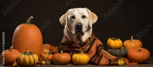 Labrador Retriever in a candy corn bandanna with pumpkins and gourds.