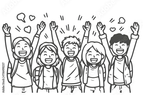 Line drawing illustration of happy friends or students raised arms.