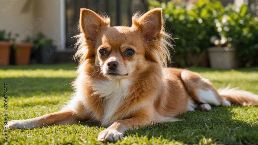 Red chihuahua dog lying outside in the garden