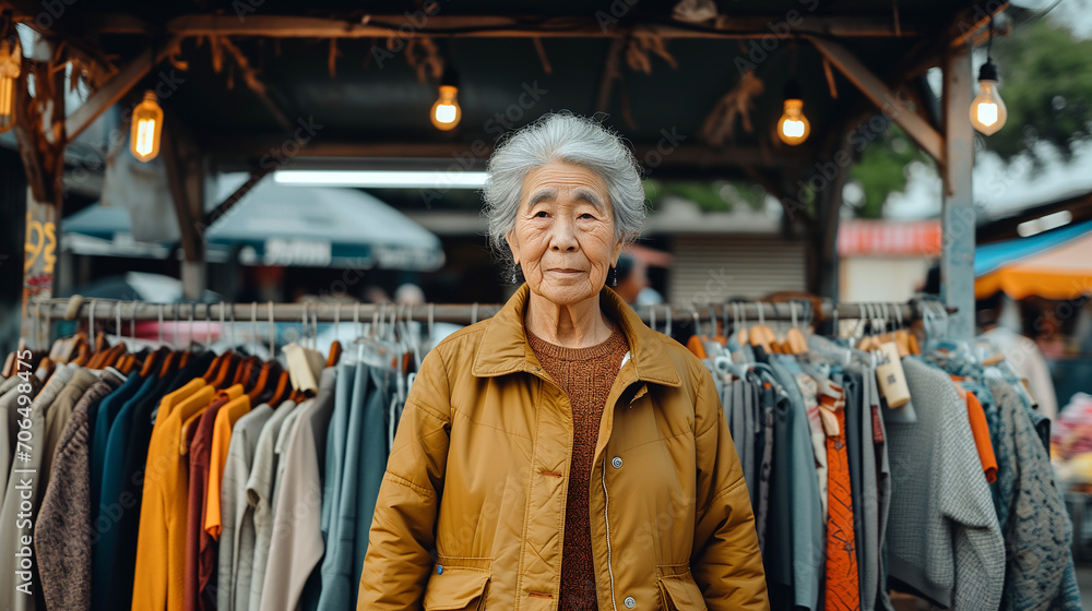 Portrait of an old Asian woman ahead of a stall in a clothing market. Portrait of an old Asian woman ahead of a stall in a clothing market.