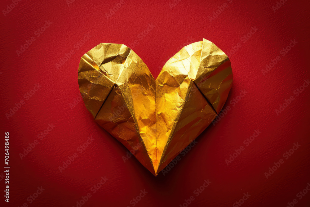 Fototapeta premium A Golden Heart Shape Folding on Red Background