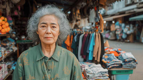 Portrait of an old Asian woman ahead of a stall in a clothing market.
