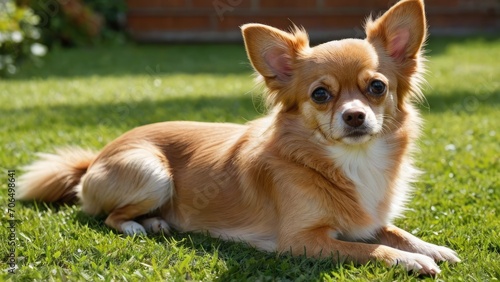 Red chihuahua dog lying outside in the garden