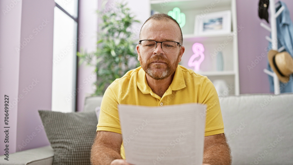 Fototapeta premium Upset, handsome adult male studying indoors, serious caucasian man reading a complex document while sitting on his living room sofa at home