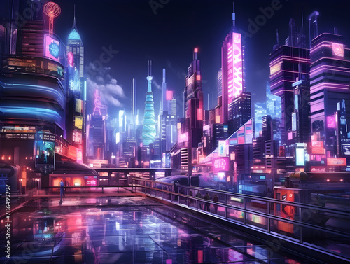 Modern Asian Future Neon City at Night AI Artwork