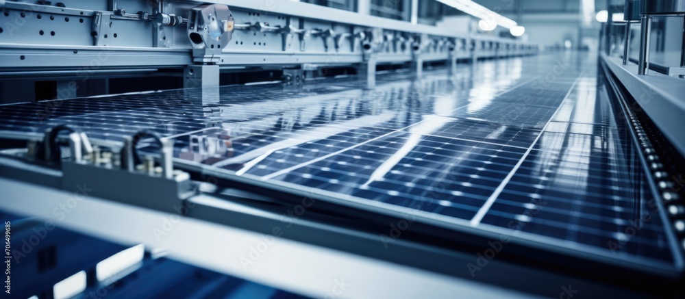Conveyor in advanced factory tests and moves solar panel cells during production. Conveyor in advanced factory tests and moves solar panel cells during production.