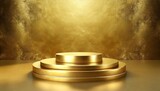 gold podium.an extravagant 3D render featuring an abstract luxury gold background with a product display podium stand. Integrate an empty advertising pedestal showcase stage against a golden wall stud