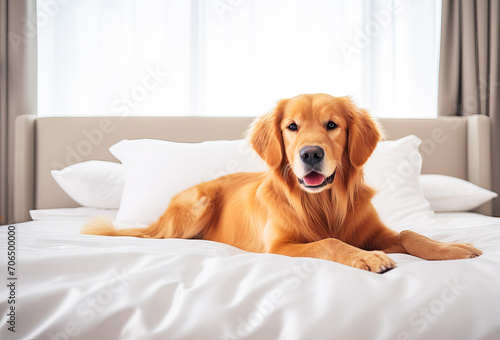 golden retriever lies on a white bed in a bright room with a window framed by gray curtains