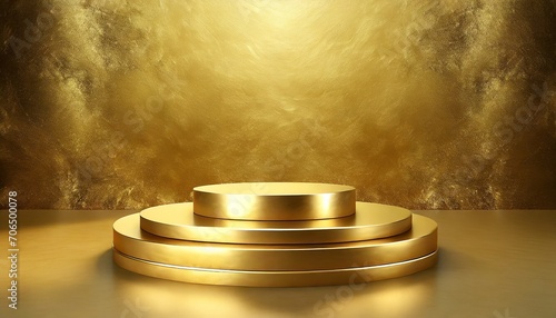 gold podium.an extravagant 3D render featuring an abstract luxury gold background with a product display podium stand. Integrate an empty advertising pedestal showcase stage against a golden wall stud photo