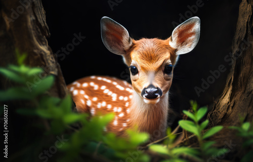 small deer hides in the forest from a hunter next to trees and greenery photo