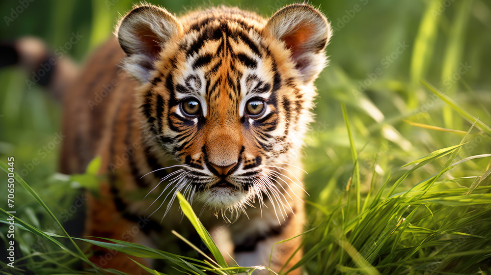 Fototapeta premium Cute little tiger cub learning to hunt in the tall grass