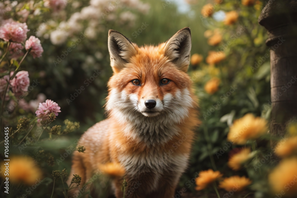 red fox portrait in the garden	
