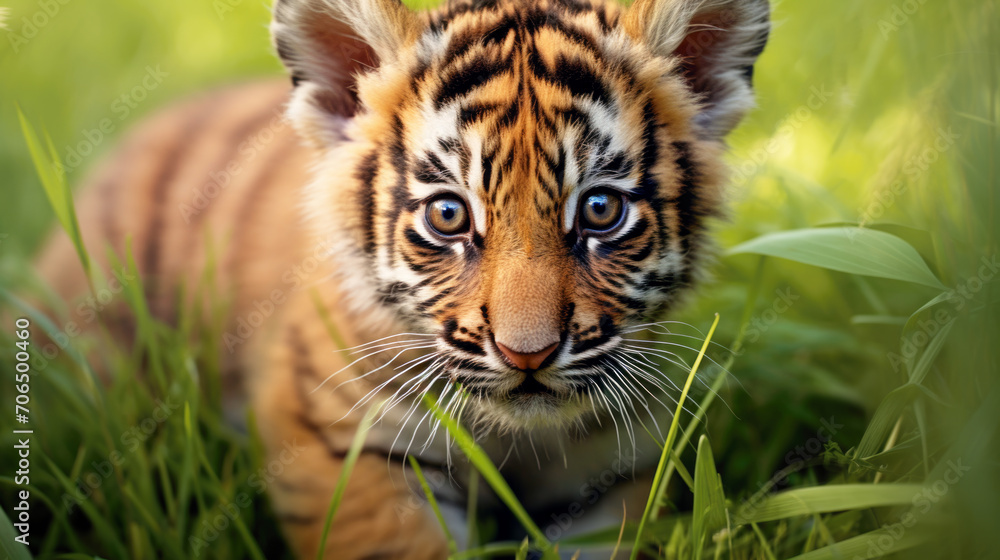  cute tiger cub lies on the green grass on a sunny day