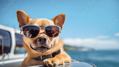 dog on the deck of a yacht sunbathing in the sun with sunglasses