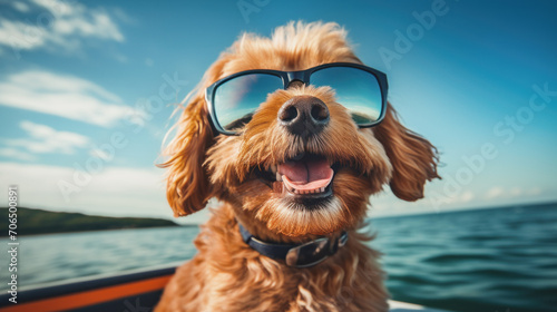 happy dog is traveling on a boat with sunglasses © Milena Wi