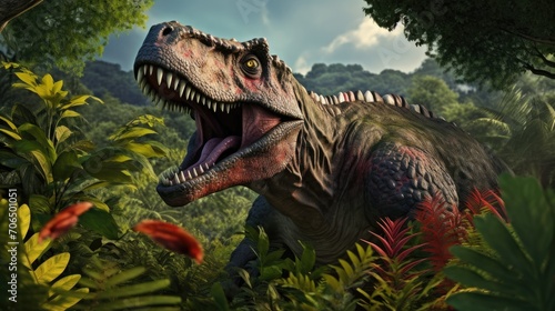 Majestic T. rex in ancient landscape, surrounded by vibrant greenery, flowers, and dense foliage. Its scaly skin gleams in sunlight, showcasing sharp teeth and claws