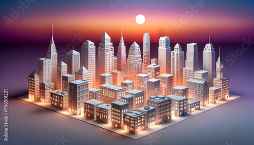 A papercraft-style city skyline at dusk. The skyline features a wide array of buildings stretching into the distance, showcasing diverse architectural designs.