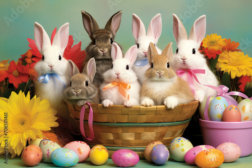 adorable bunnies surrounded by colorful decorated eggs, nests, flowers, small carrots, pastel-colored photo