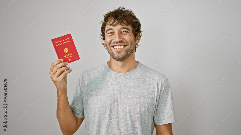 Joyful young man, a beaming patriot, confidently holds his austrian passport against an isolated white wall, ready for european adventure! Joyful young man, a beaming patriot, confidently holds his austrian passport against an isolated white wall, ready for european adventure!