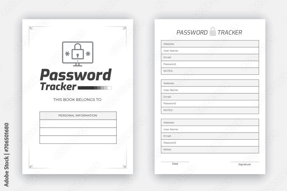 Password tracker log book layout, KDP interior template to store your personal information, black and white paper reminder journal interior