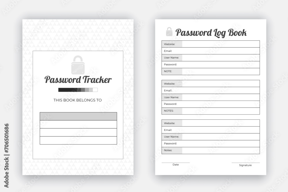 Password tracker log book design template, reminder book, journal interior design with black and white paper pattern style, KDP interior design template to store your personal information Password tracker log book design template, reminder book, journal interior design with black and white paper pattern style, KDP interior design template to store your personal information