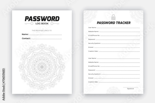 Mandala style password tracker daily planner log book notebook diary layout design template, personal and website data format, black and white paper reminder journal interior
