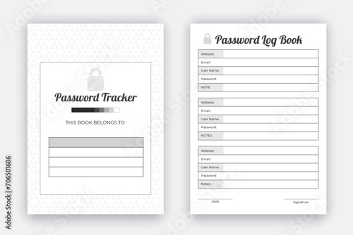 Password tracker log book design template, reminder book, journal interior design with black and white paper pattern style, KDP interior design template to store your personal information