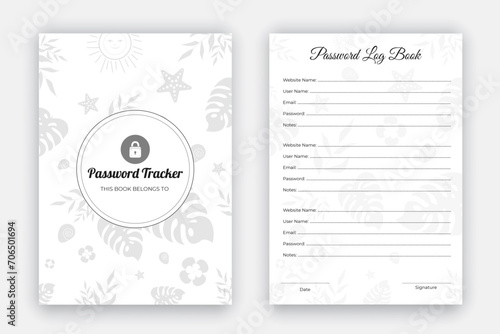 Password tracker daily planner log book, notebook, diary layout design on nature flower leaf background template, personal and website data format, black and white paper reminder, journal, interior