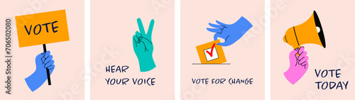 Vote, election concept design with hand drawn hands holding Vote sign, leaving vote, participate in voting, holding a megaphone, hand leaving paper in ballot box. Modern minimal style. Poster, banner