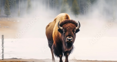 A Solitary Bison Grazing Near a Hot Spring, Veiled in Morning Fog