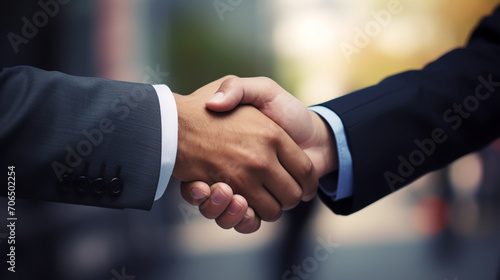 Businessmen making handshake in the city - business etiquette, congratulation, merger and acquisition concepts, panoramic banner