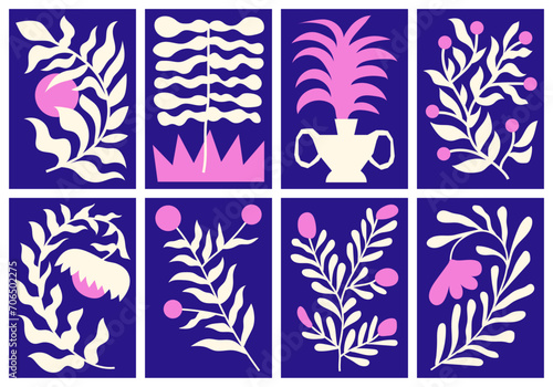 Floral wall art set. White abstract flowers on blue background. Modern interior posters. Trendy botanical cards in contemporary style, wild and whimsical plants. Colorful flat vector illustrations.