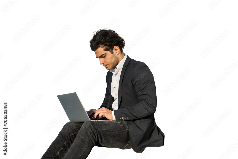 A businessman uses a laptop computer, a positive man stands in a suit. The manager in the office is an employee of the company. Transparent background. A businessman uses a laptop computer, a positive man stands in a suit. The manager in the office is an employee of the company. Transparent background.