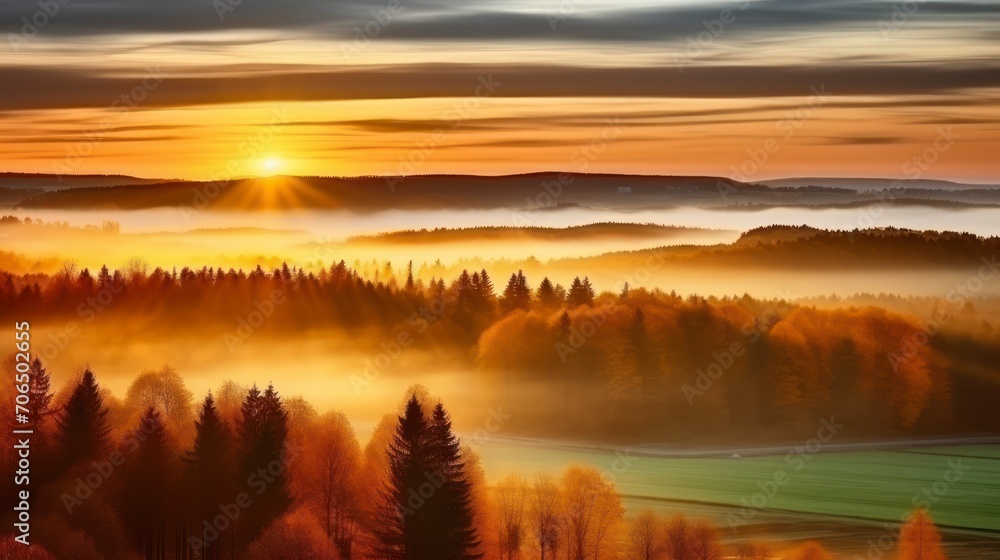 The Breathtaking View of Autumnal Forests at Sunrise