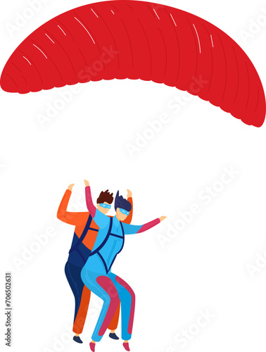 Two tandem skydivers in freefall with red parachute. Adrenaline rush, extreme sports, and skydiving adventure vector illustration.