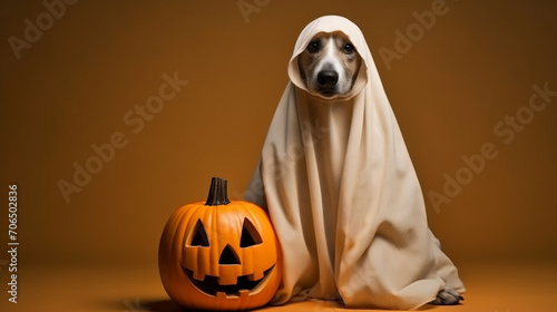 Halloween dog is wearing a sheet, disguised as a ghost costume with pumpkins