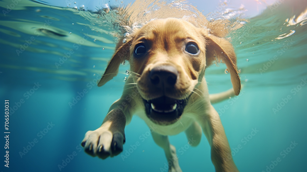 dog underwater photo swimming pool catching ball - obrazy, fototapety, plakaty 