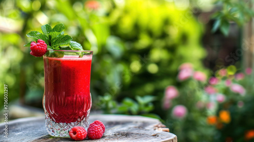 Raspberry smoothie served in blossoming garden, healthy refreshing summer drink