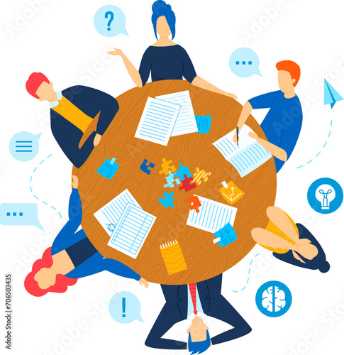 Three people brainstorming at a large table with puzzle pieces and documents. Teamwork in solving problems, collaborative effort, planning strategy vector illustration. Conceptual think tank, idea