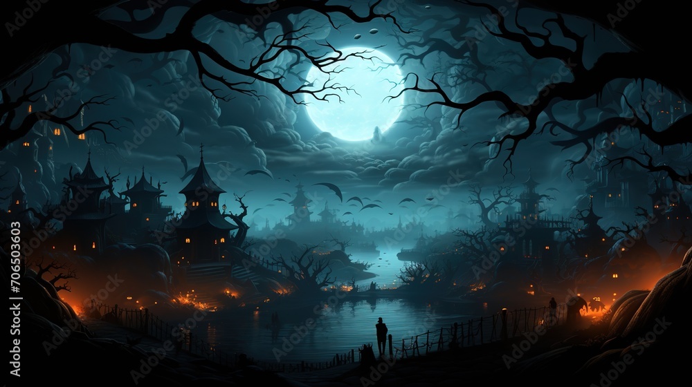 A dark and eerie depiction of a Halloween night with a witch hovering over a cauldron in a graveyard surrounded by bats and ghosts