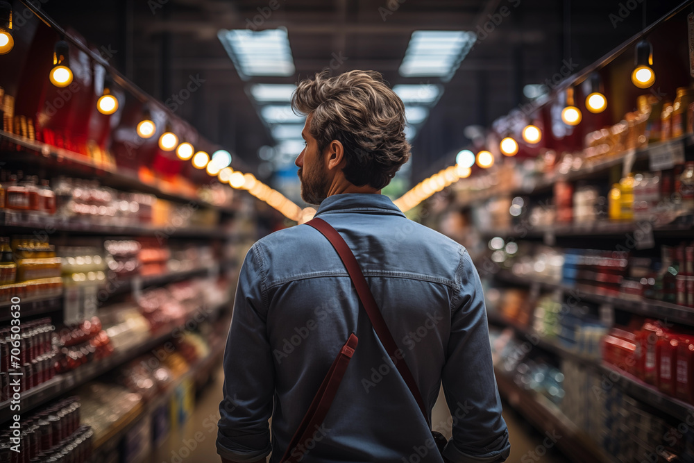 A man stands and selects products in a department store. Generative AI A man stands and selects products in a department store. Generative AI