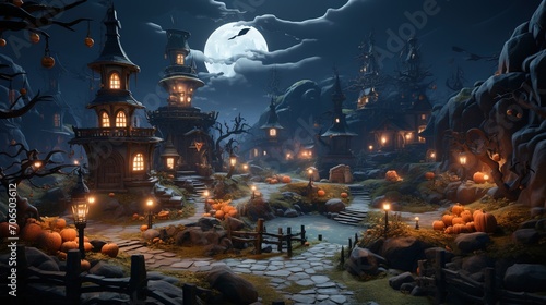 A dark and eerie depiction of a Halloween night with a witch hovering over a cauldron in a graveyard surrounded by bats and ghosts © FantasyDreamArt