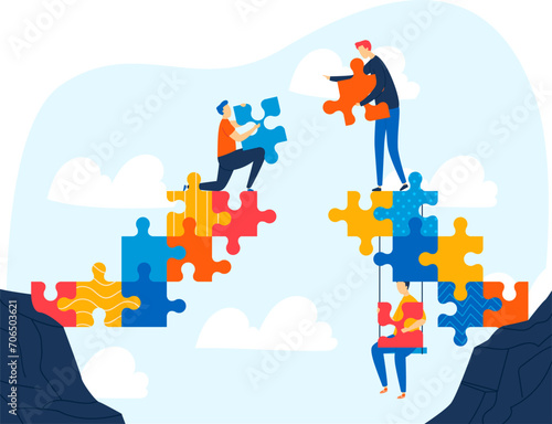 Team of people constructing puzzle bridge across cliff. Teamwork and problem solving in business, strategy concept vector illustration.