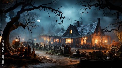 A dark and eerie depiction of a Halloween night with a witch hovering over a cauldron in a graveyard surrounded by bats and ghosts